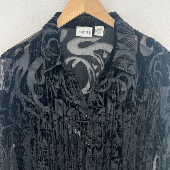 CHICOS Top 2 L Velvet Jacquard Burnout Evening Blouse Crinkle Button Up Black - Picture 4 of 13